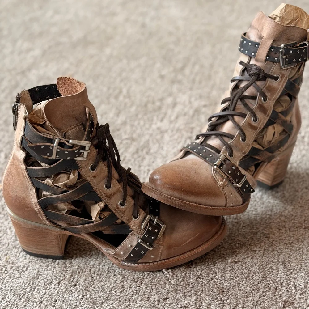 Freebird Brown Leather Ankle Boots with Studded Straps - Picture 1 of 7